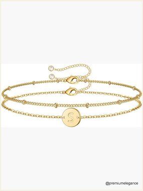 14K Gold Plated Layered Initial Bracelet Adjustable 6" with Extension